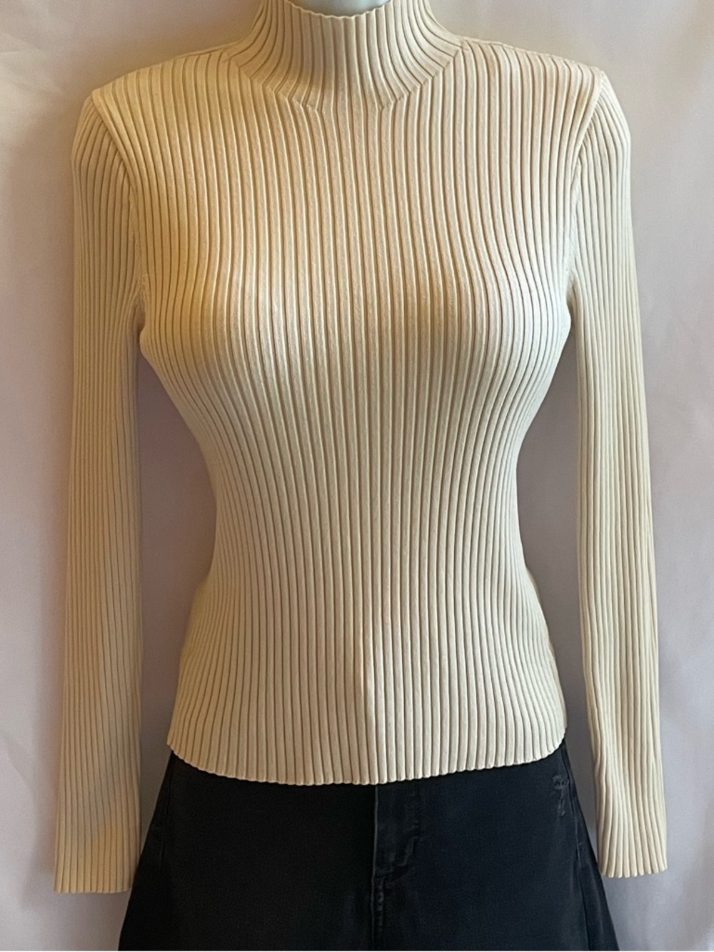 Zara Women Ribbed Mock Neck Long Sleeve Top Cream Size Large
